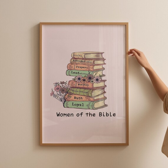 Women Of The Bible Stack Of Vintage Books Floral Faith Poster
