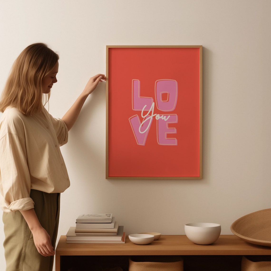 Love You Bold Pink Block Letters Red Minimal Quote Art Poster - Image 4