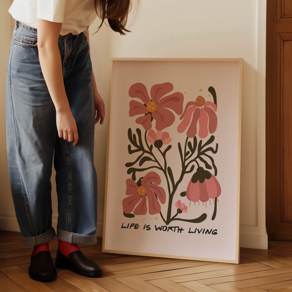 Life Is Worth Living Gentle Pink Floral Quote Botanical Art Poster - Image 4