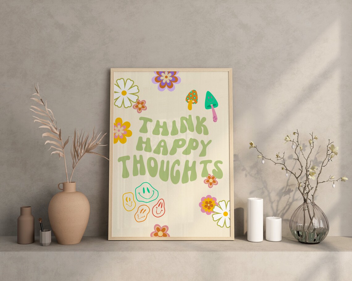 Think Happy Thoughts Retro Groovy Quote Poster Green Floral Decor - Image 4