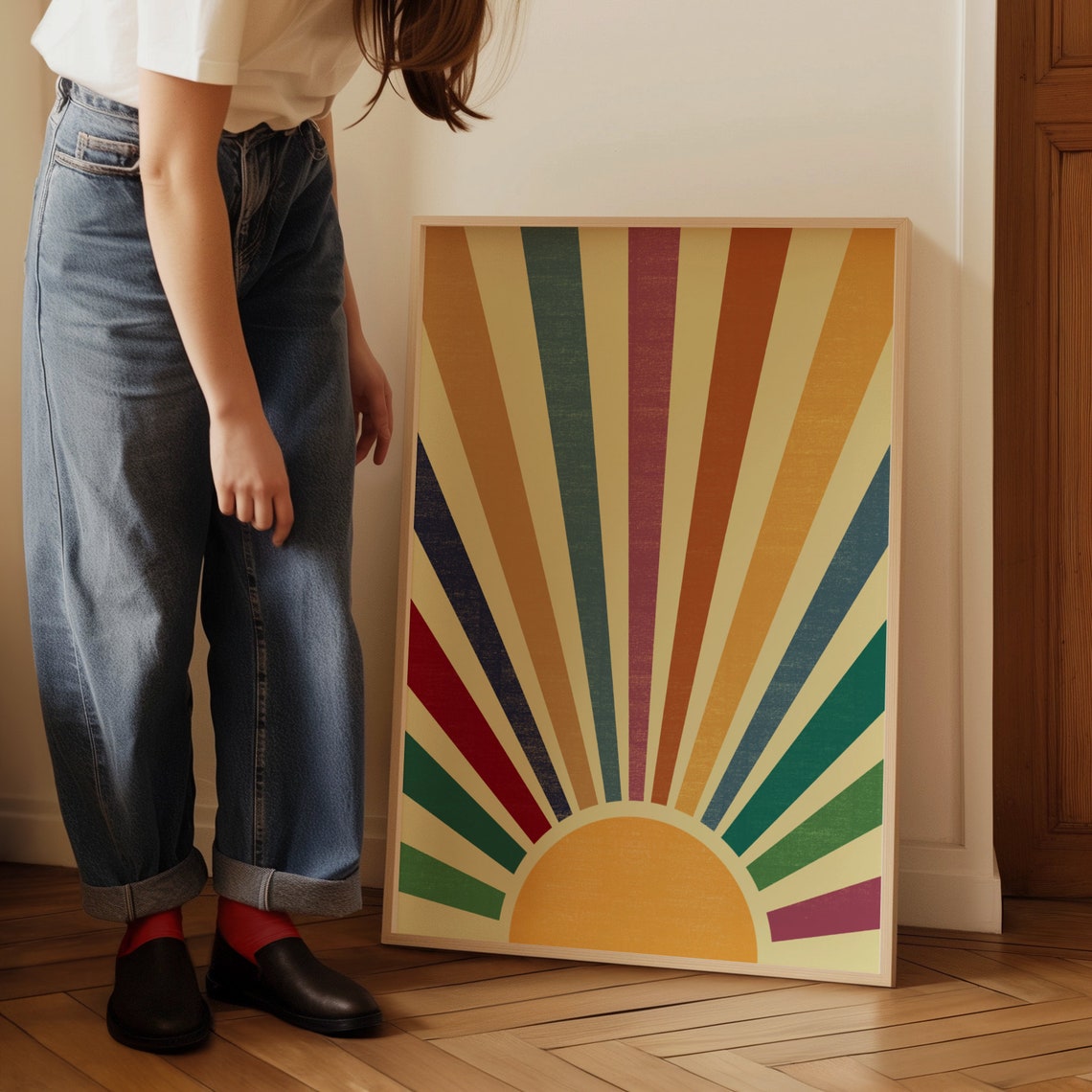 Rainbow Sunburst Colorful Retro Sunrise Boho Striped Art Poster - Image 4