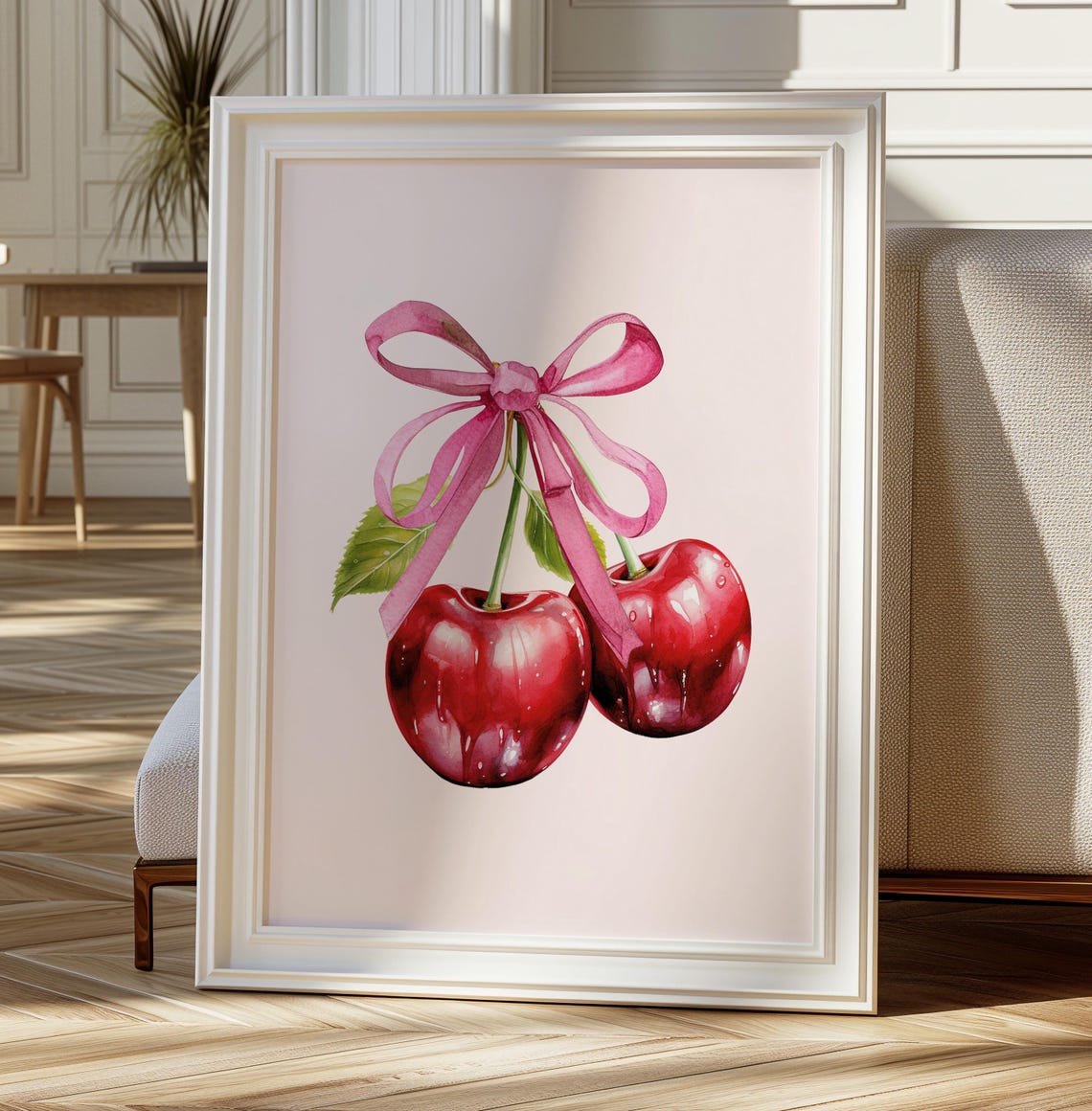 Pink Bow Red Cherries Watercolor Trendy Coquette Room Poster - Image 4
