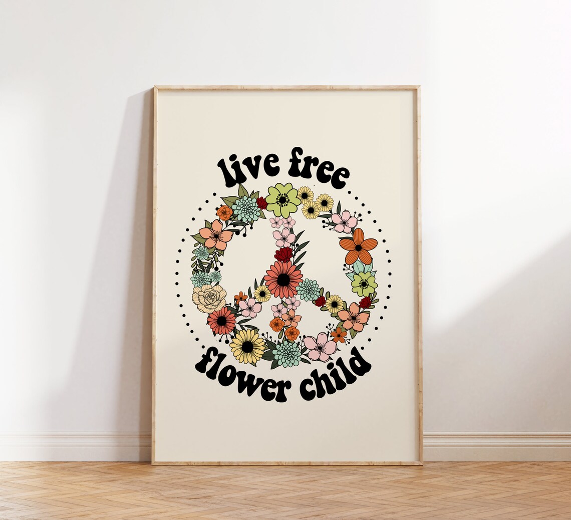Live Free Flower Child Floral Peace Sign Retro Hippie Poster - Image 2