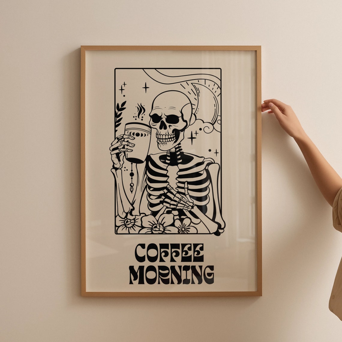 Coffee Morning Skeleton Tarot Style Black Cream Retro Poster - Image 3