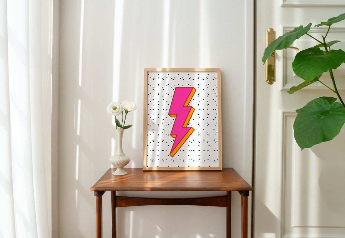 Pink Lightning Bolt Pop Art Retro Preppy Dot Background Art Print - Image 3