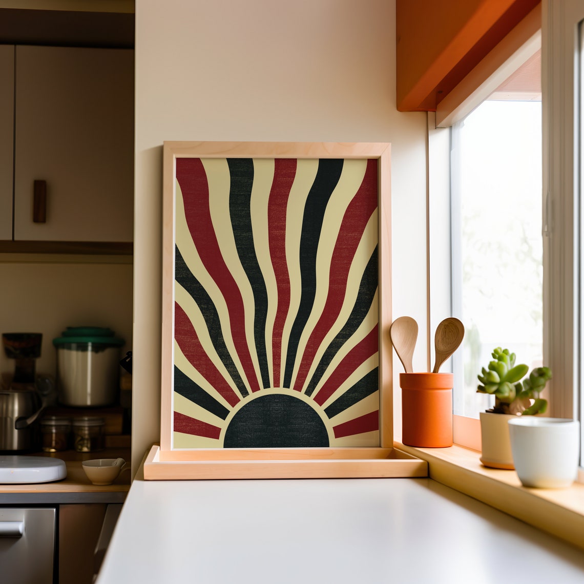Bold Geometric Sunrise Retro Boho Wavy Rays Black Red Sun Art Poster - Image 3