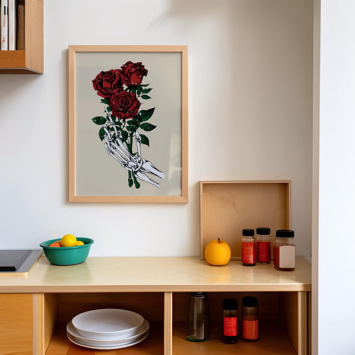 Gothic Skeleton Hand Holding Red Roses Dark Romance Art Poster - Image 2