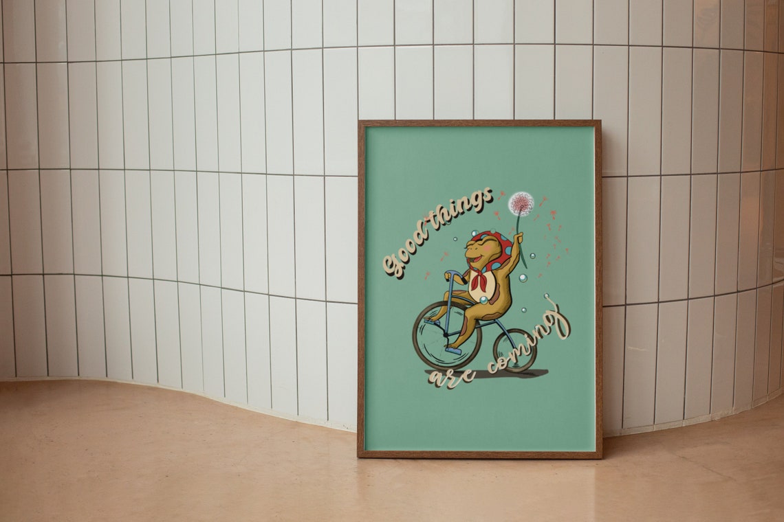 Retro Green Good Things Are Coming Cute Frog Bike Quote Poster - Image 2