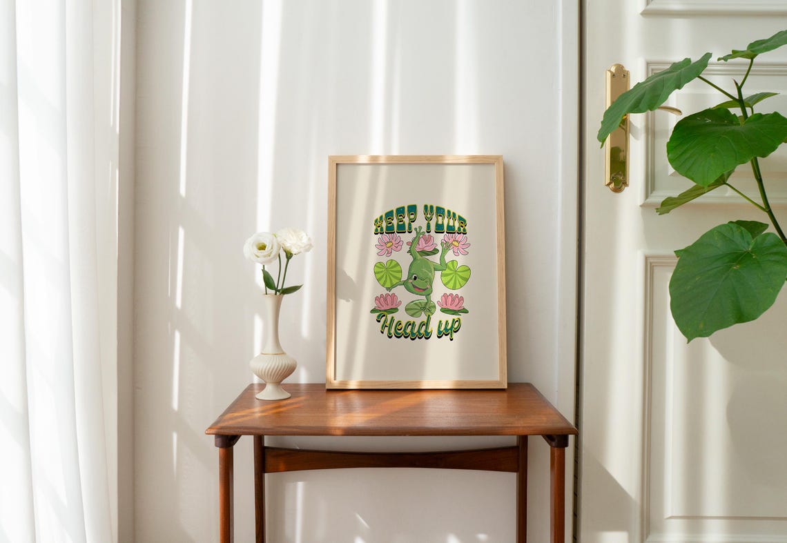 Keep Your Head Up Happy Frog Lily Pad Lotus Retro Quote Poster - Image 2