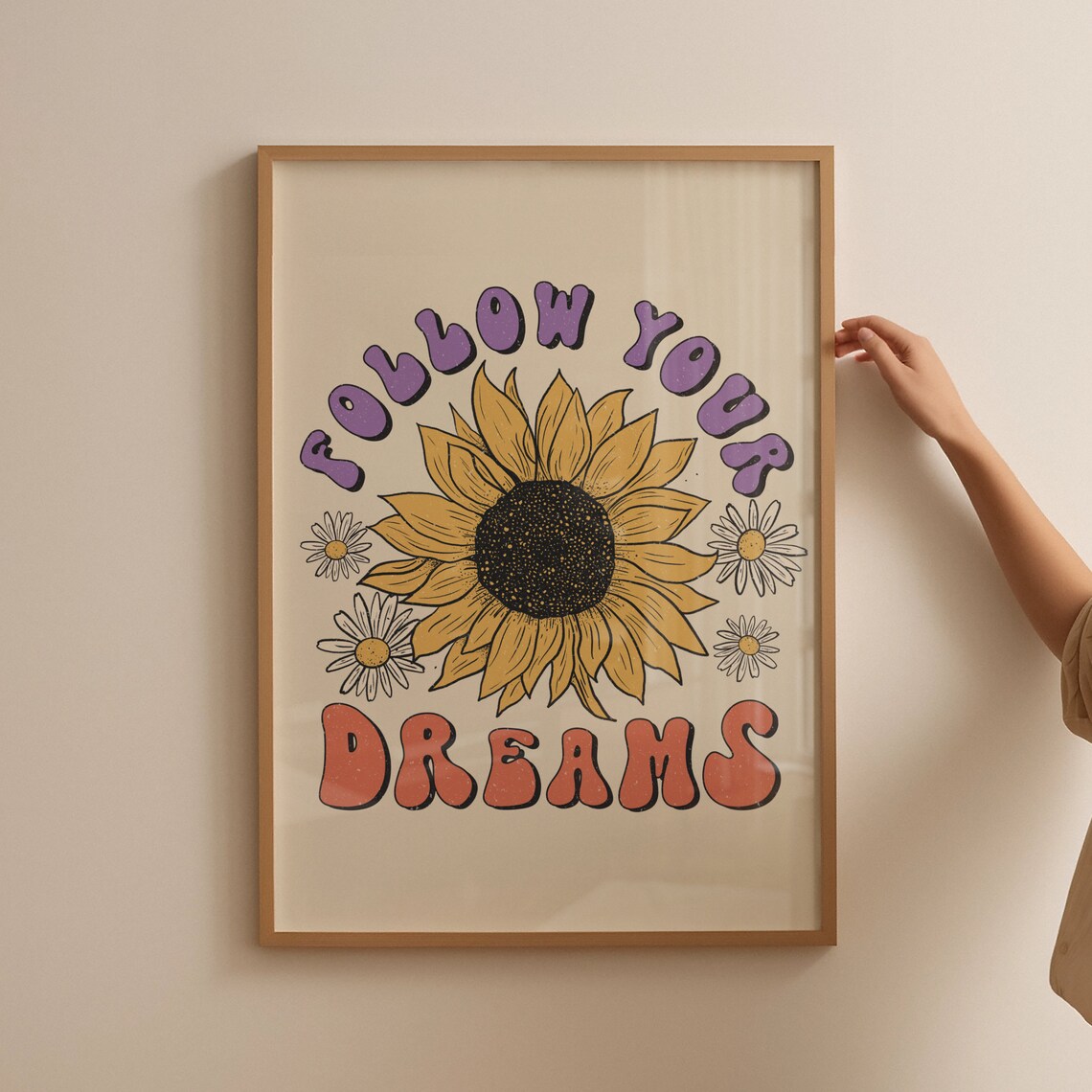 Sunflower Retro Art Print, Hippie Wall Decor