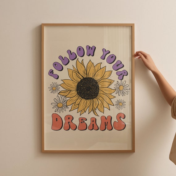 Sunflower Retro Art Print, Hippie Wall Decor