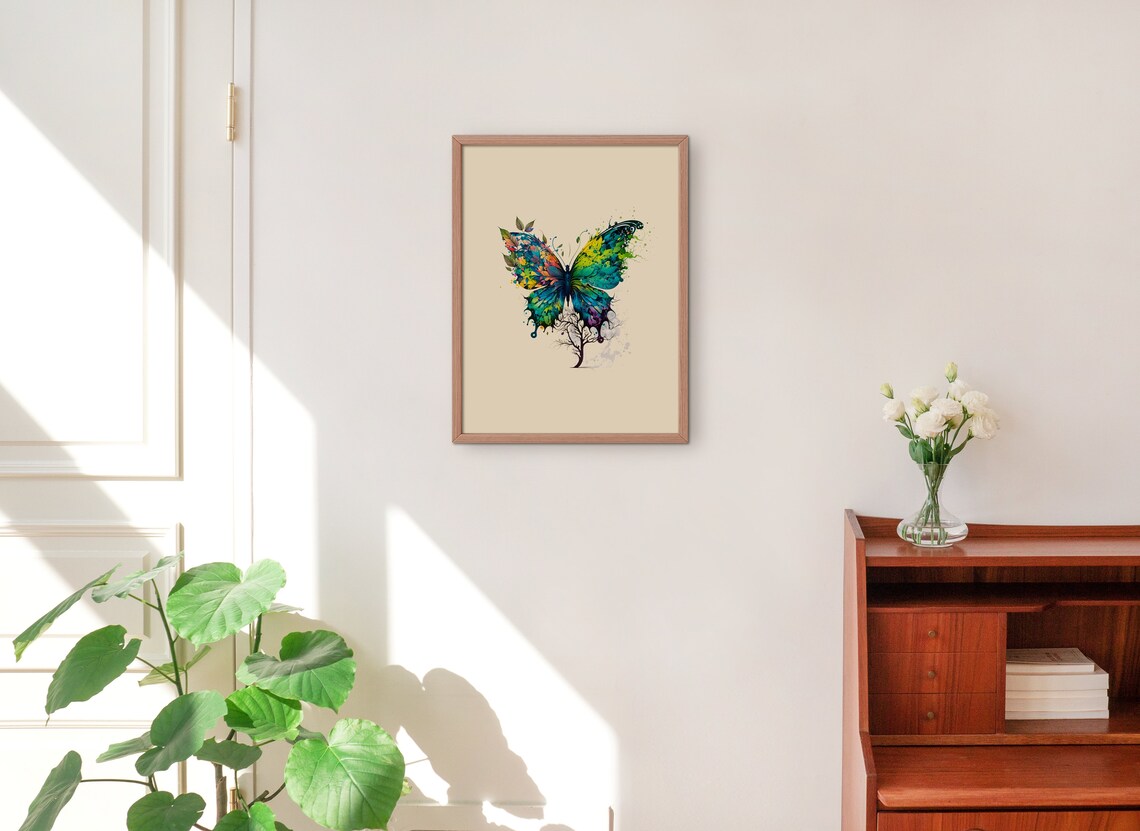 Colorful Watercolor Butterfly Blue Green Nature Floral Art Poster - Image 2