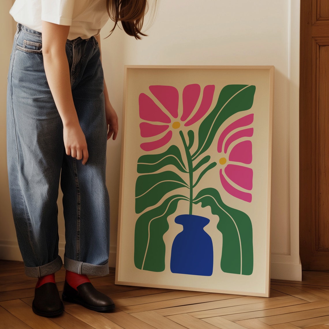 Abstract Bold Floral Botanical Poster Pink Green Modern Decor - Image 3