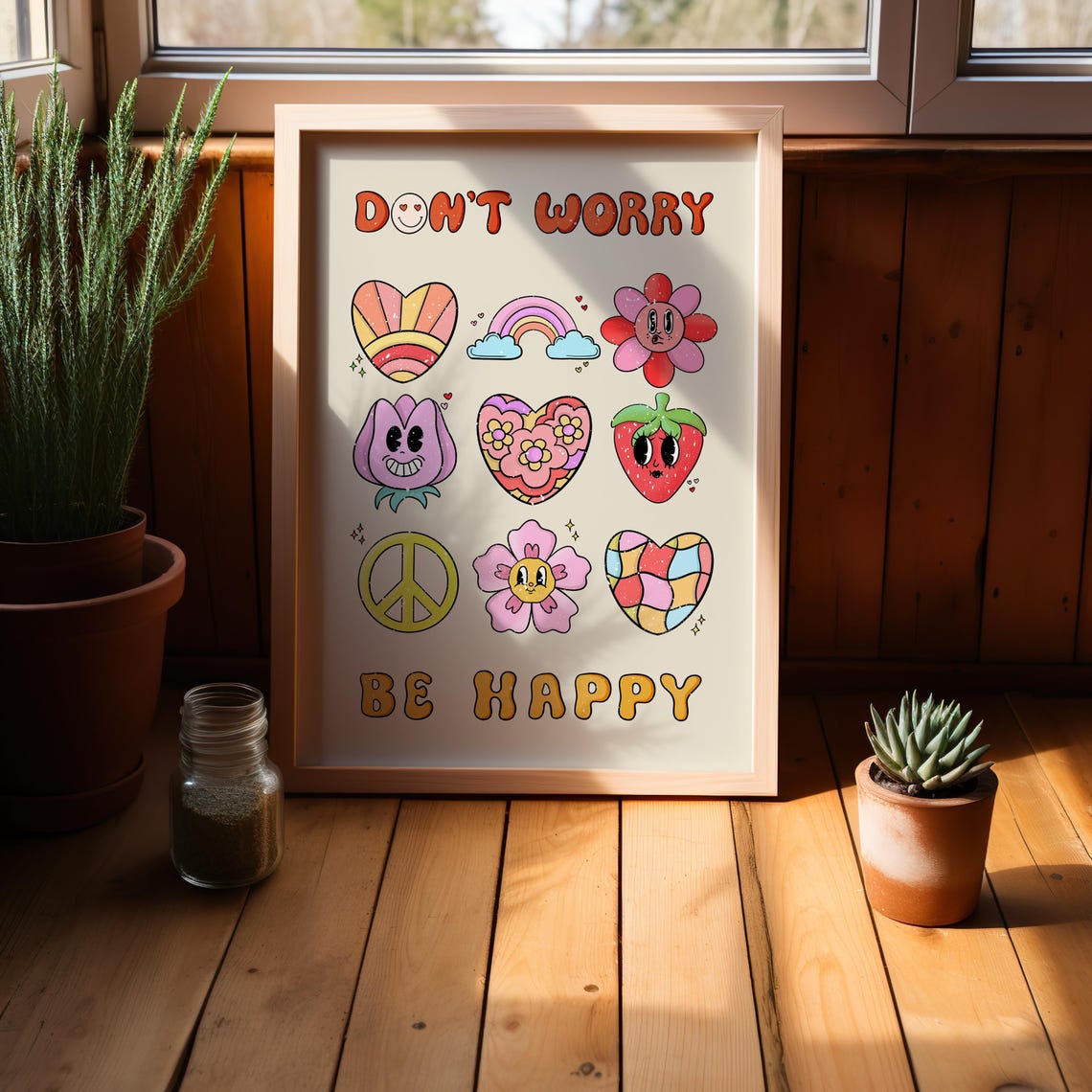 Dont Worry Be Happy Retro Cartoon Doodle Characters Wall Poster - Image 3