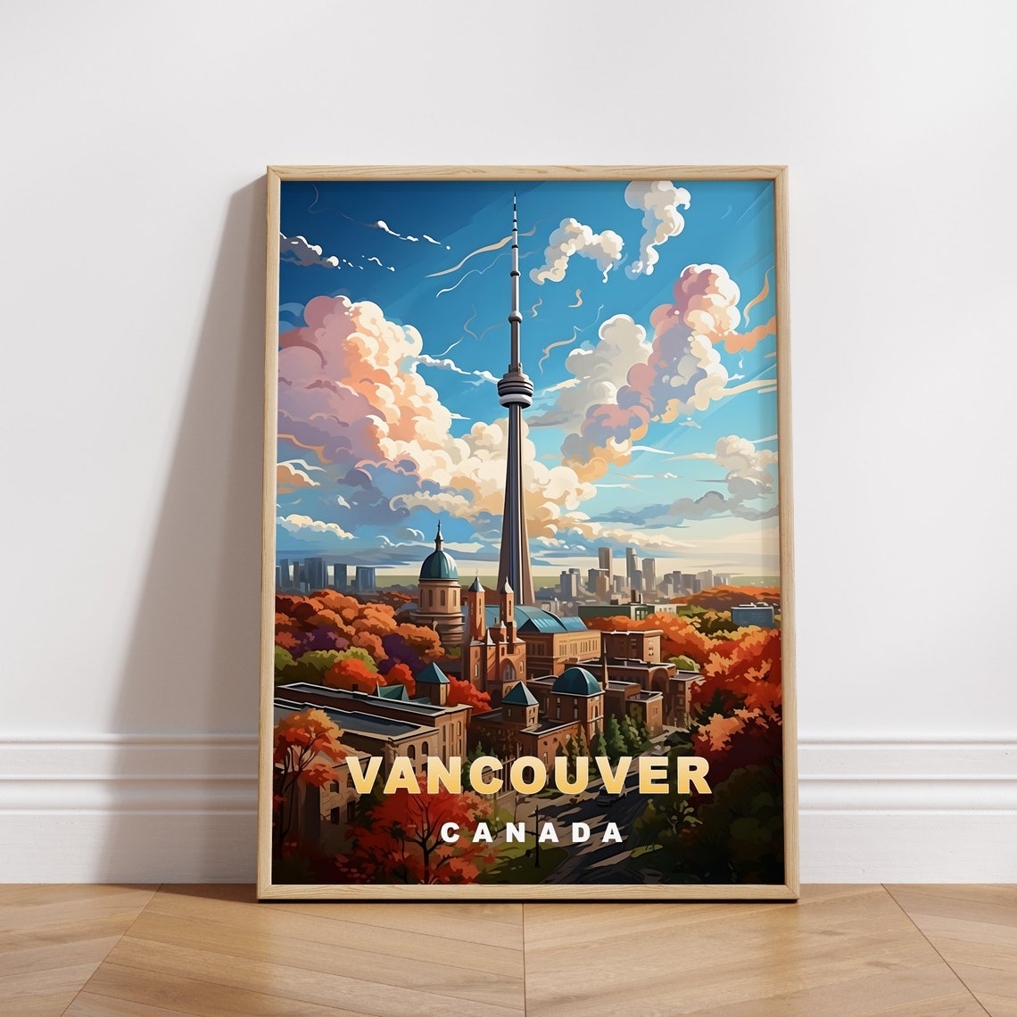 Vancouver Canada Skyline Autumn Trees Tall Tower Travel Poster