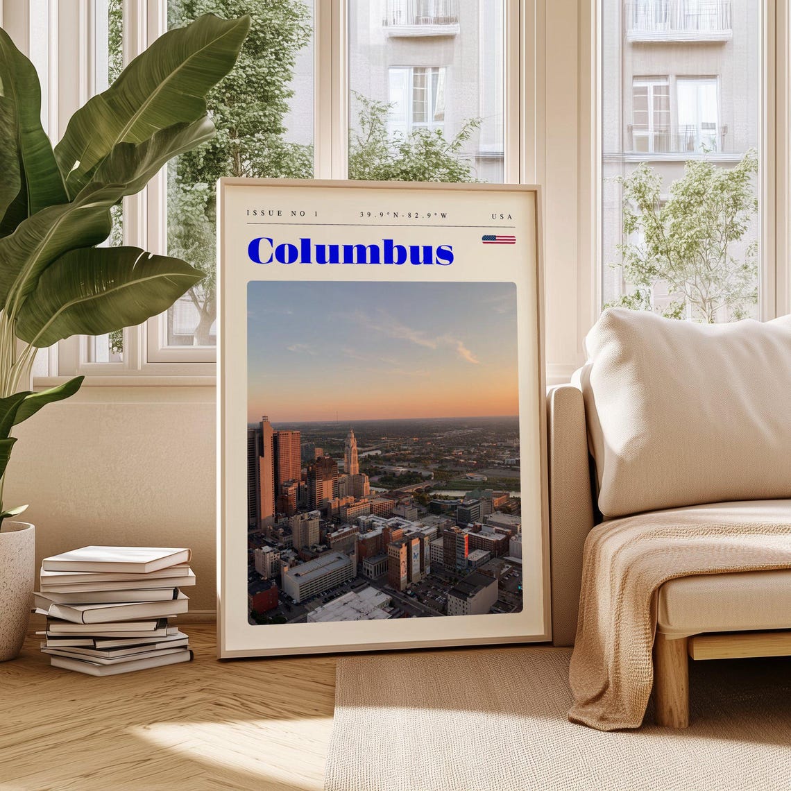 Columbus USA Downtown Skyline Sunset Aerial City View Travel Poster