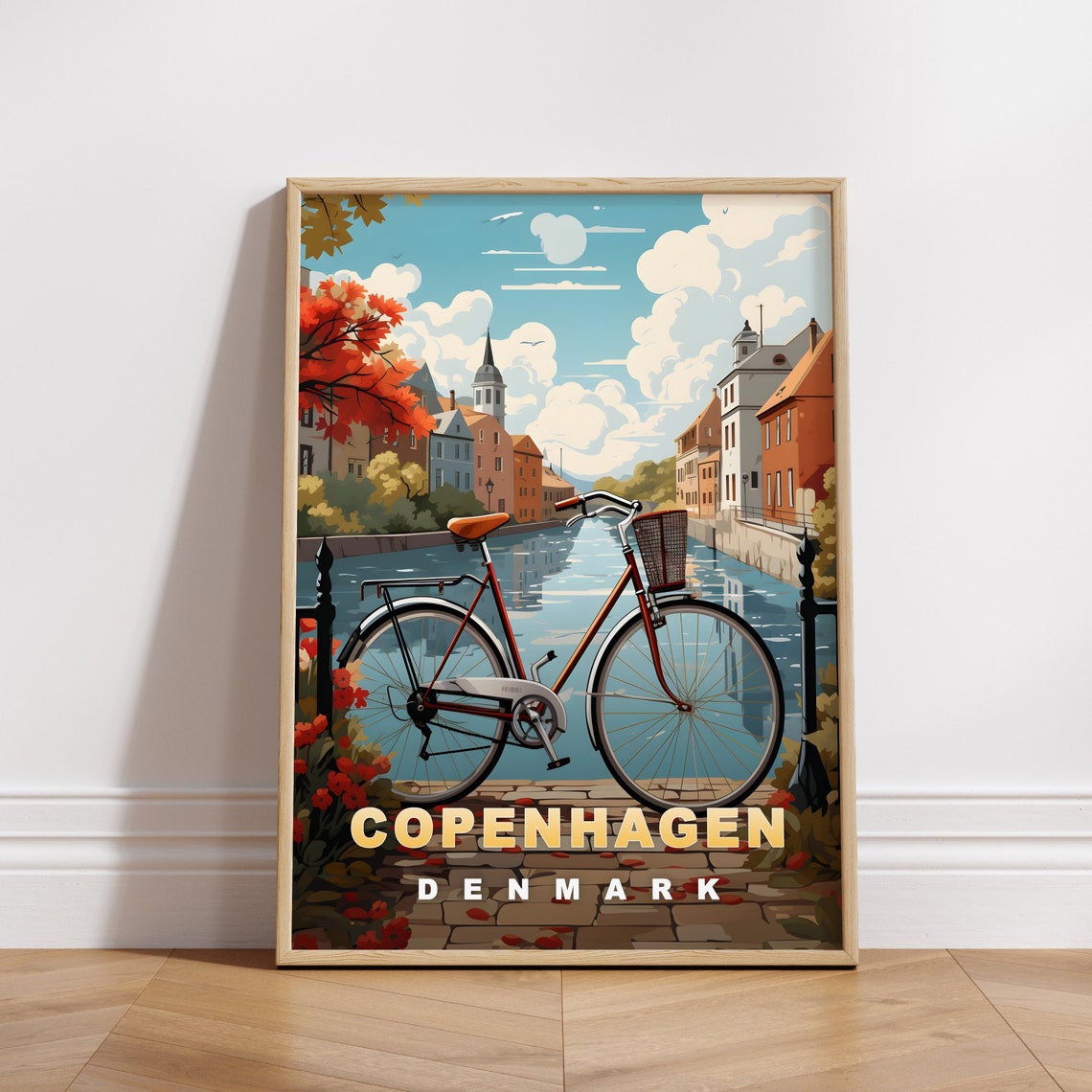 Copenhagen Denmark Red Bicycle Canal Waterfront Vintage Travel Poster