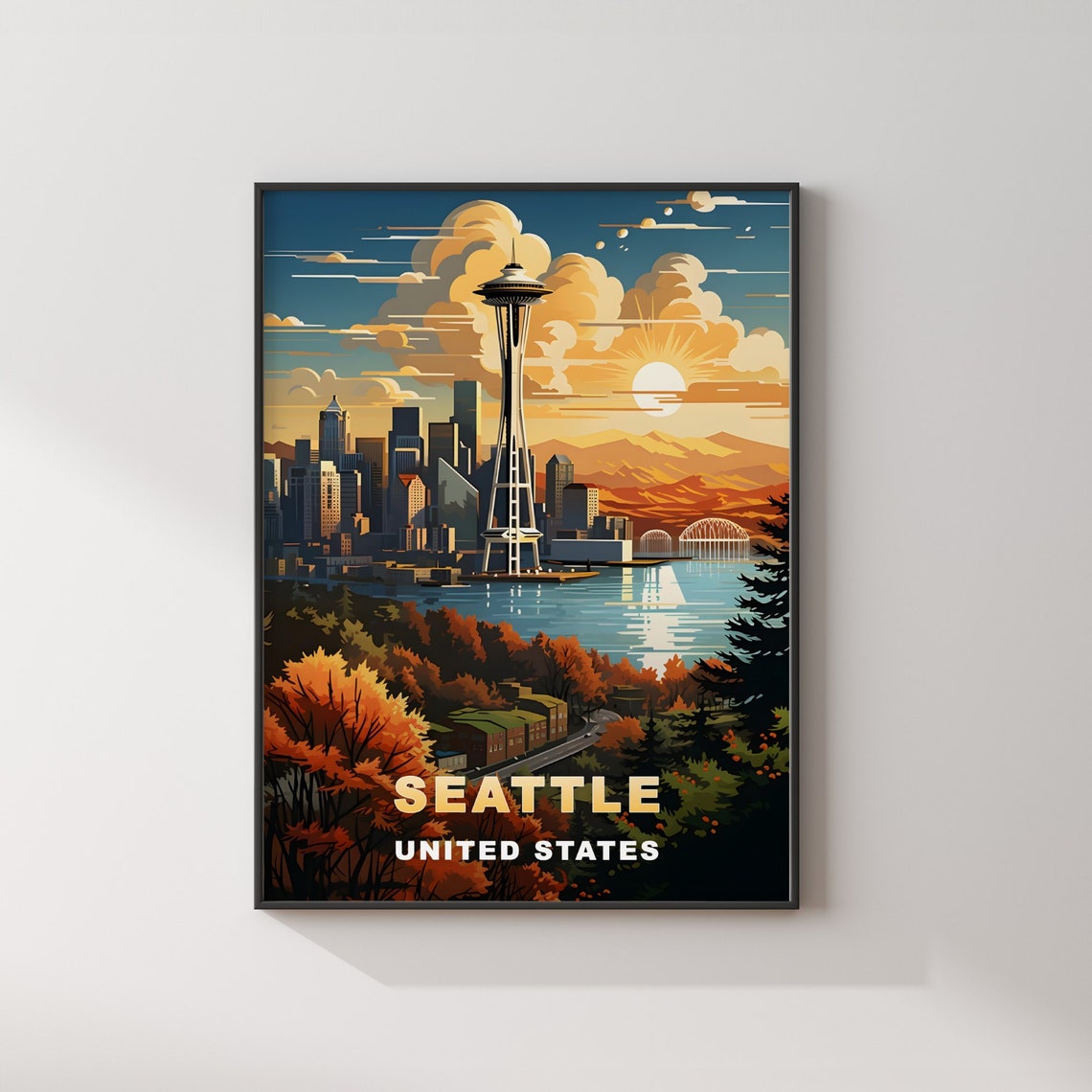 Seattle Space Needle Sunset Puget Sound Autumn Travel Poster - Image 2