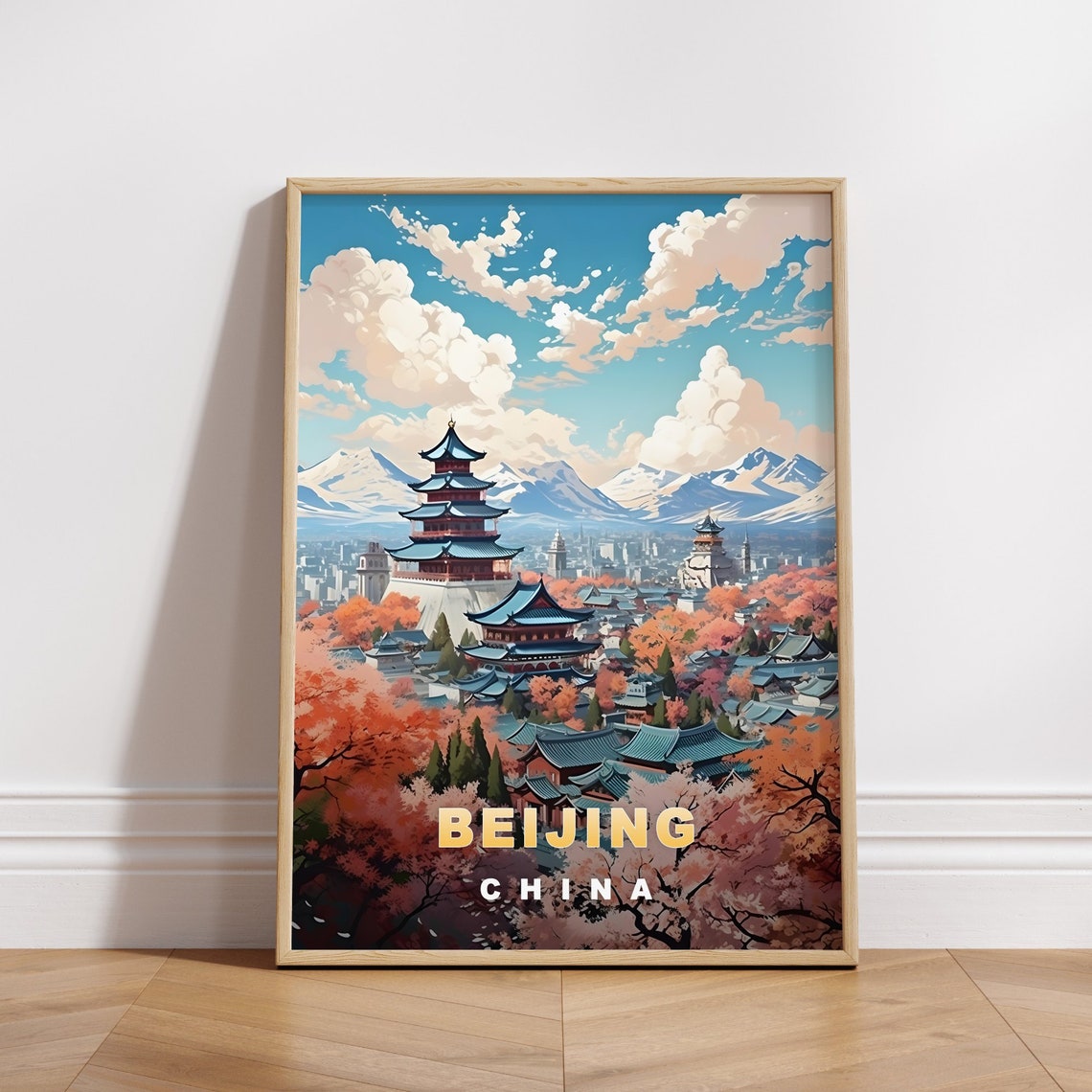 Beijing China Pagoda Temples Spring Blossom Mountains Travel Poster