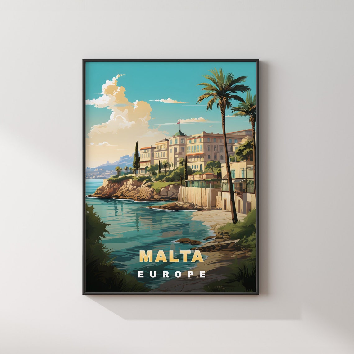 Malta Europe Retro Travel Poster Turquoise Coast Palm Trees View - Image 2