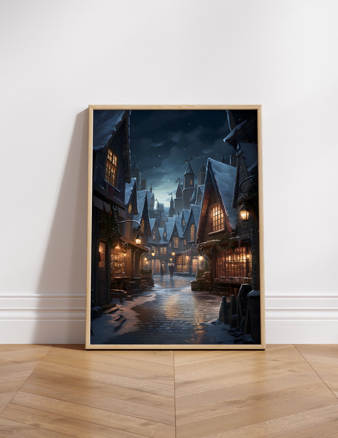 Magical Village Snowy Night Moonlit Windows Wizard Art Poster