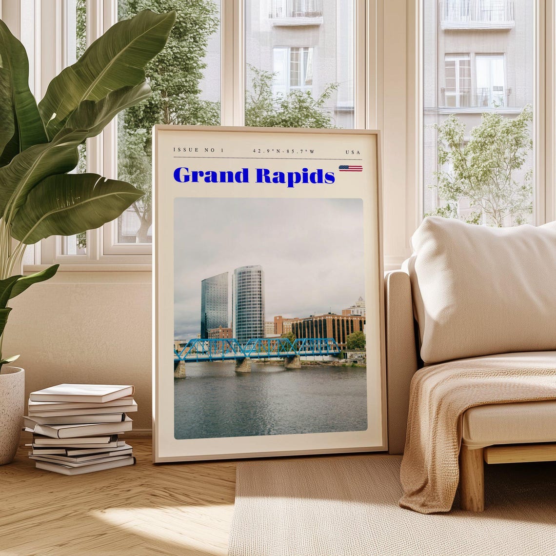 Grand Rapids USA Blue Bridge River Skyline City Travel Poster
