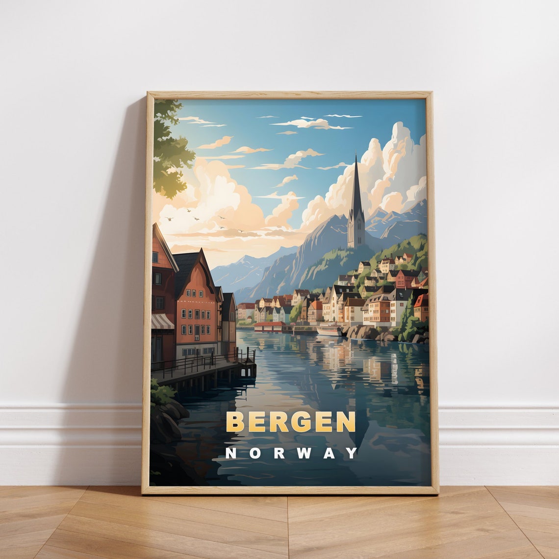 Bergen Norway Waterfront Reflection Mountain Lake View Travel Poster
