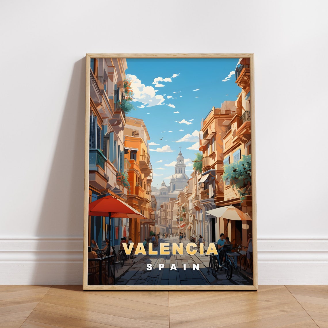 Valencia Spain Lively Old Street Cafes Church Vintage Travel Poster