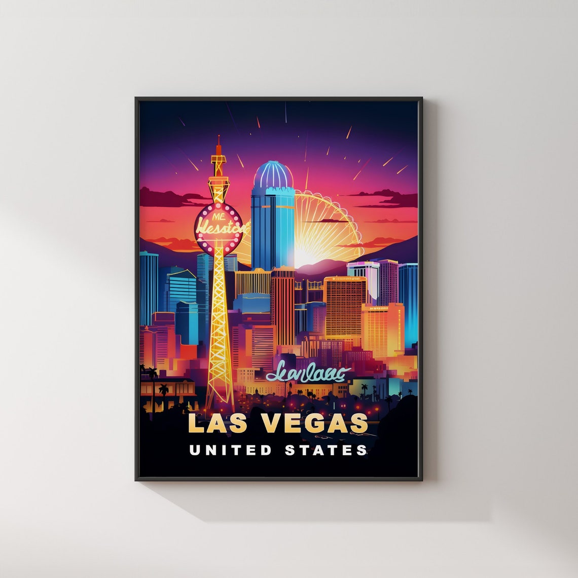 Las Vegas United States Neon Night City Skyline Travel Poster - Image 2