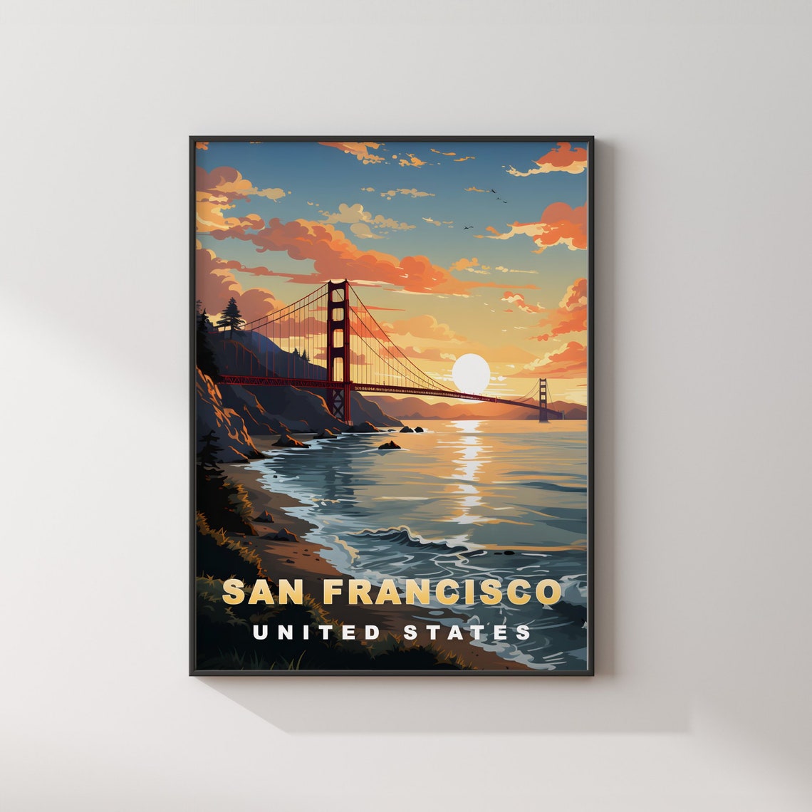 San Francisco Golden Gate Bridge Sunset Over Bay Vintage Travel Poster - Image 2