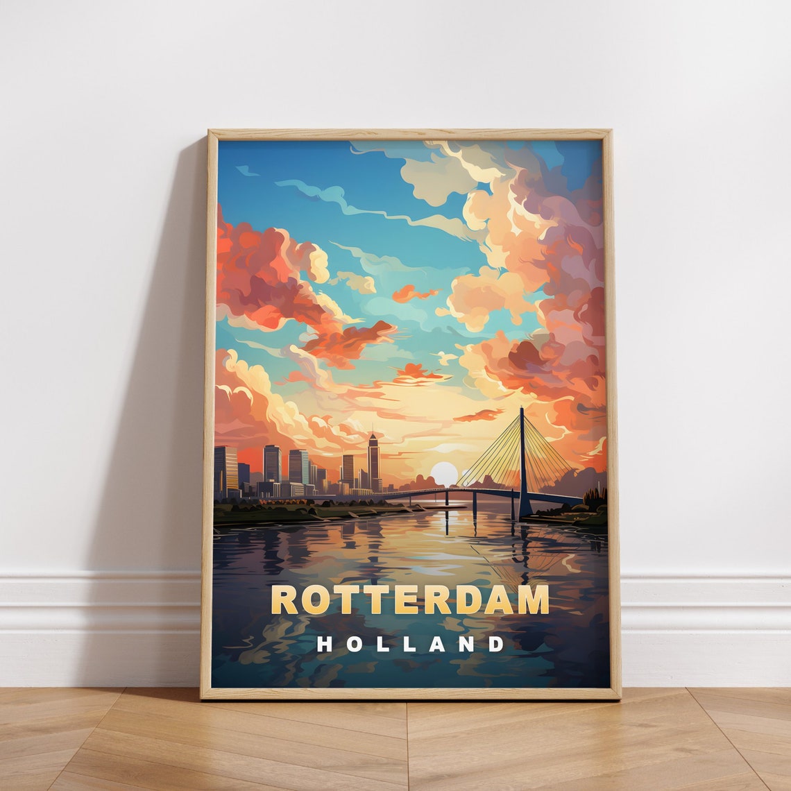 Rotterdam Holland Cable Stayed Bridge Sunset River Skyline Poster