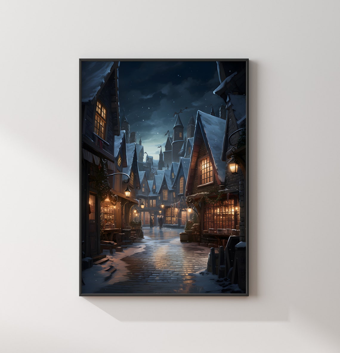 Magical Village Snowy Night Moonlit Windows Wizard Art Poster - Image 2