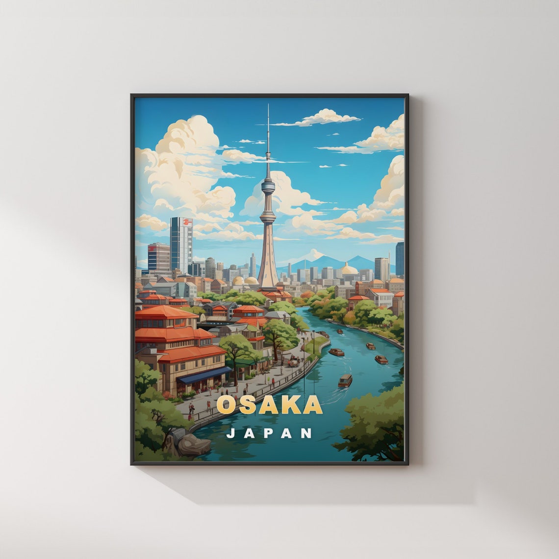 Osaka Japan Riverside Canal Tower Boats Vintage Retro Travel Poster - Image 2