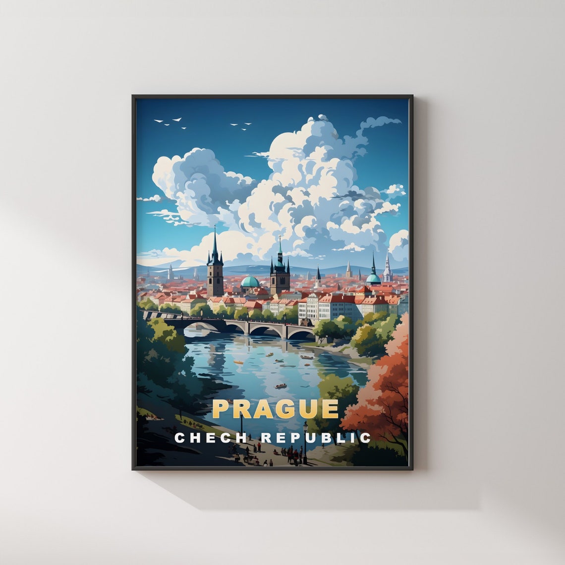 Prague River Bridges Old Town Towers Retro Travel Poster Decor Art - Image 2