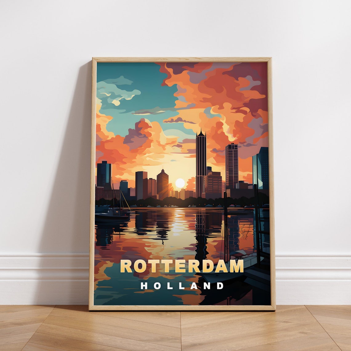 Rotterdam Holland Sunset Skyline Harbor Reflection Vintage Poster