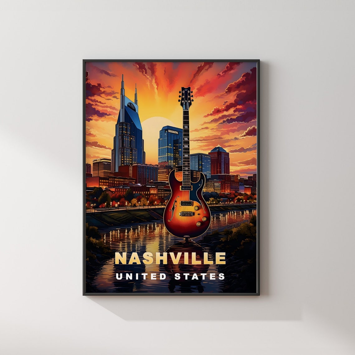 Nashville United States Guitar River Skyline Sunset Travel Poster - Image 2