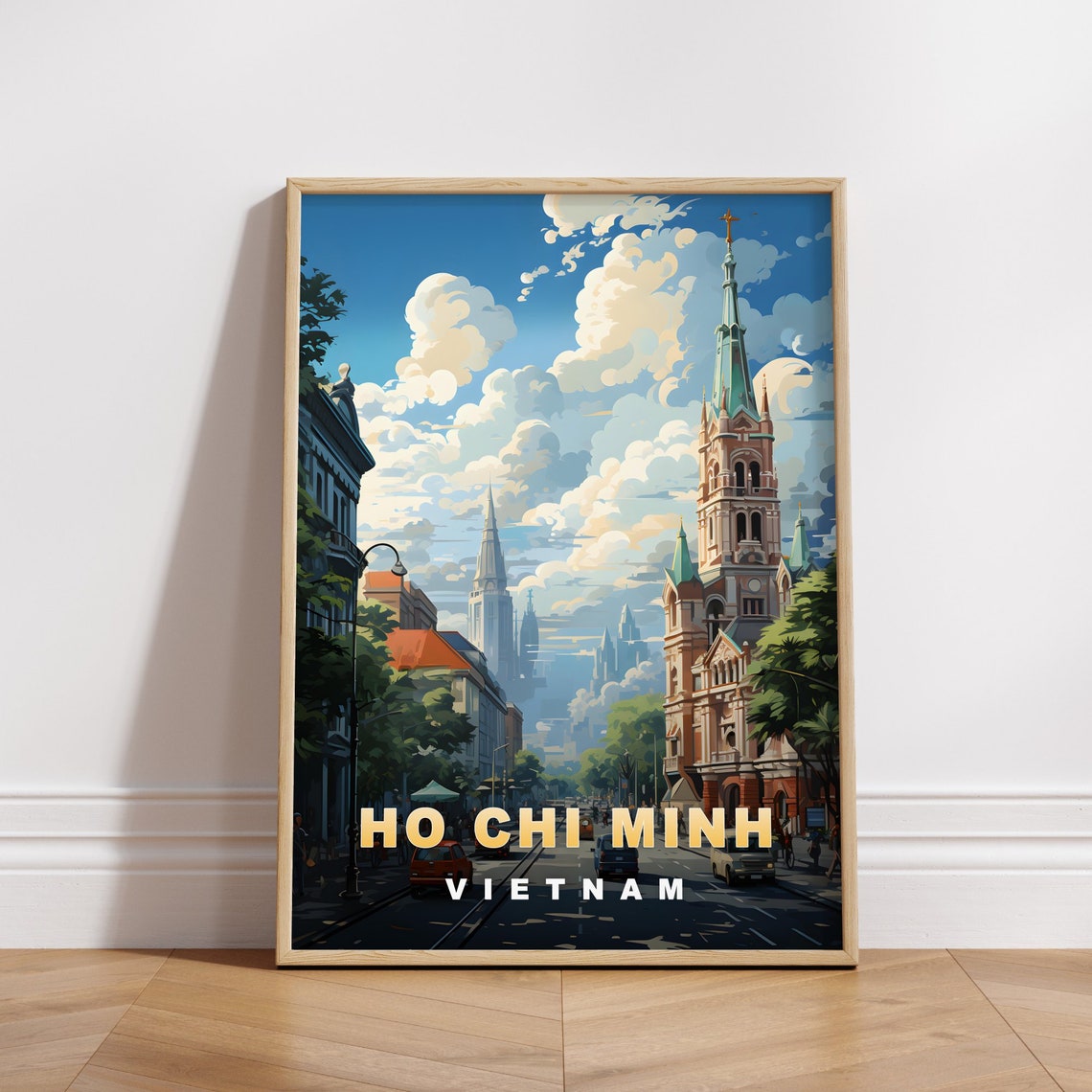 Ho Chi Minh Vietnam Cathedral Street Colonial Vintage Travel Poster