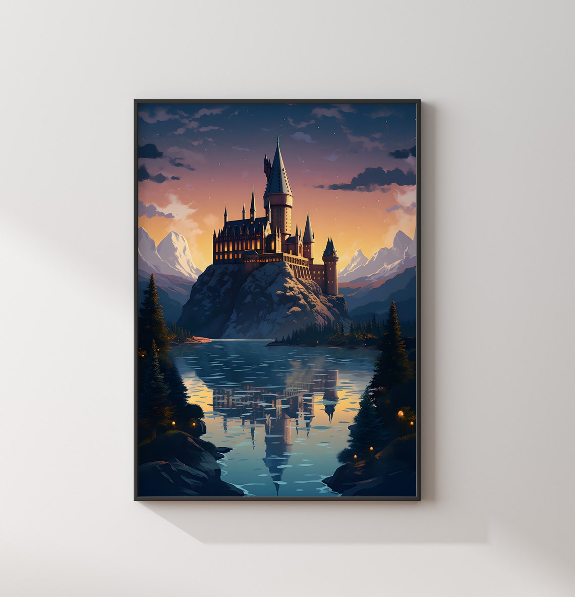Hogwarts Castle Twilight Lake Reflection Mountain Wizard Poster - Image 2