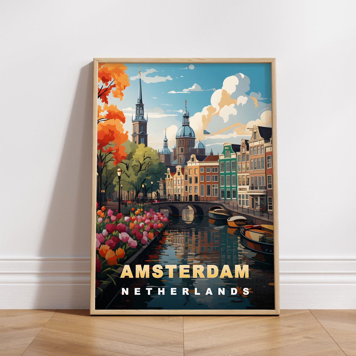 Amsterdam Netherlands Canal Tulips Church Towers Spring Travel Poster