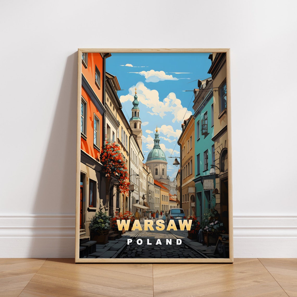 Warsaw Poland Old Town Cobblestone Street Church Vintage Poster