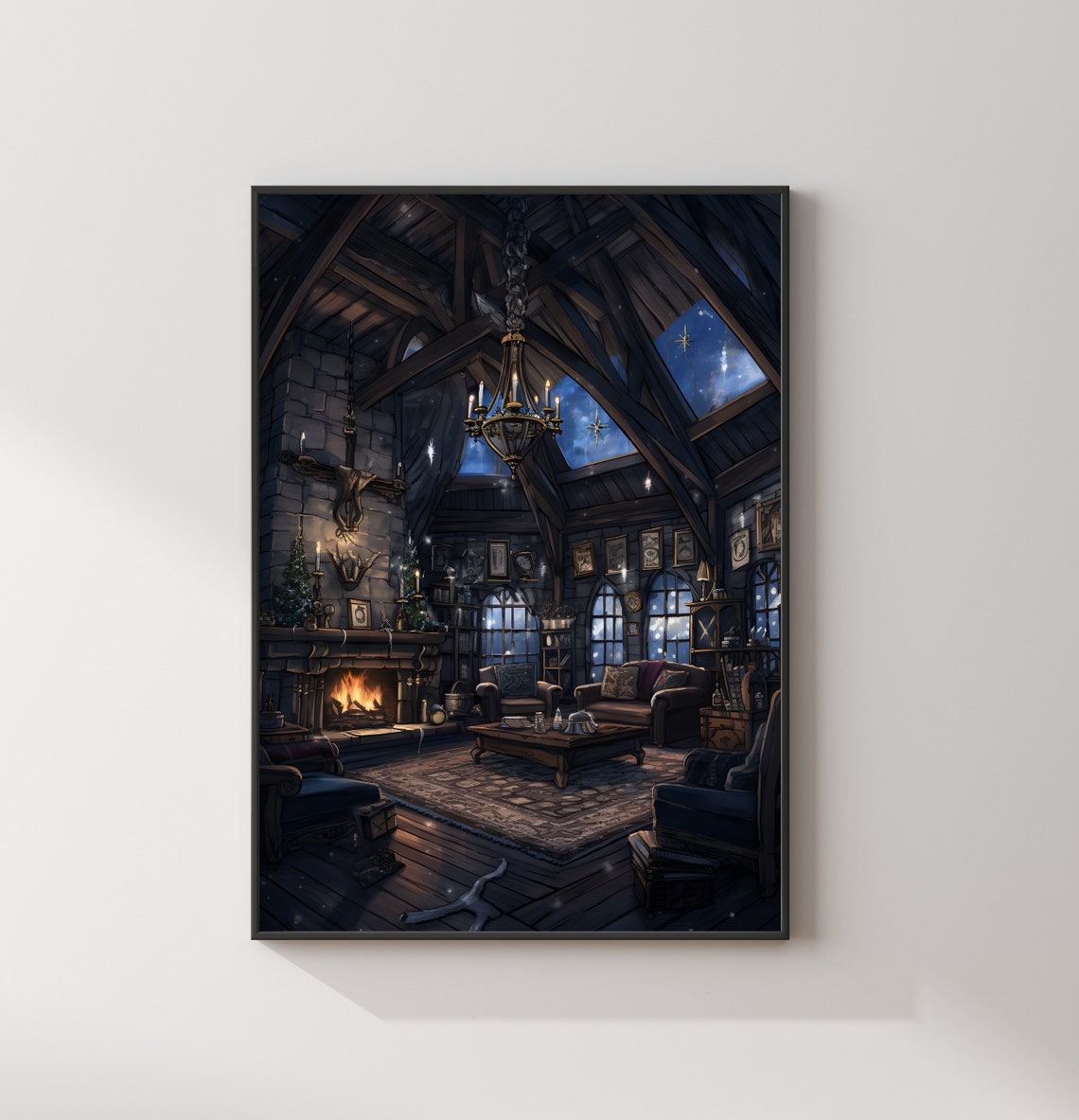 Night Fireplace Lounge Starry Skylights Dark Fantasy Art Poster - Image 2