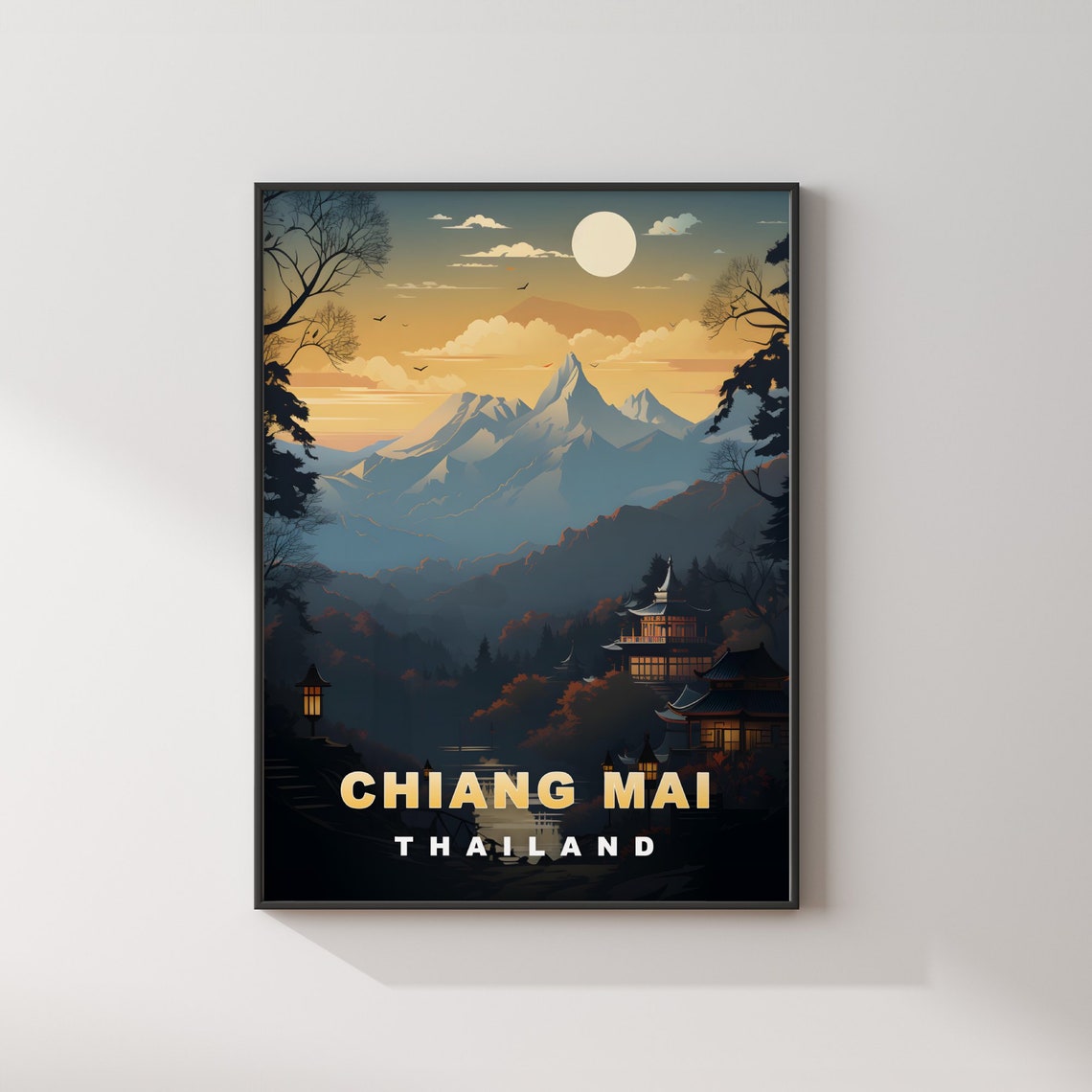 Chiang Mai Thailand Mountain Temple Night Moonlit Travel Poster - Image 2