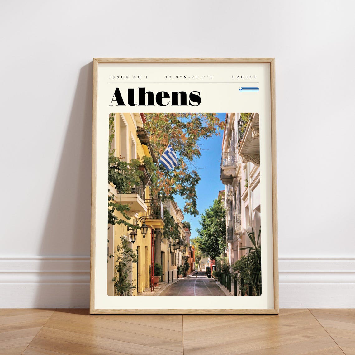 Athens Greece Plaka Street Greek Flag Blue Sky Travel Poster - Image 3