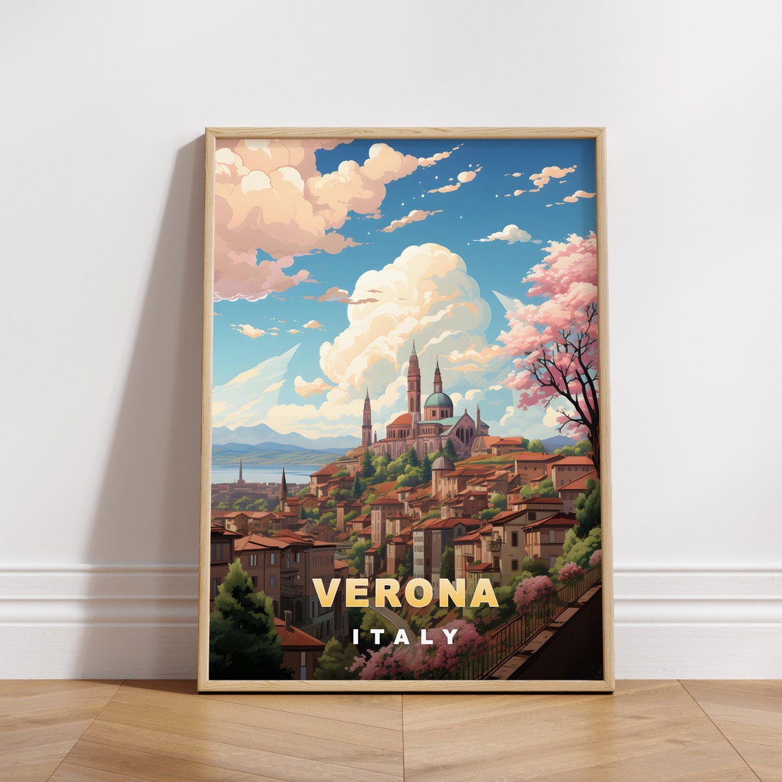 Verona Italy Hillside Old Town Cathedral Blossom Trees Travel Poster