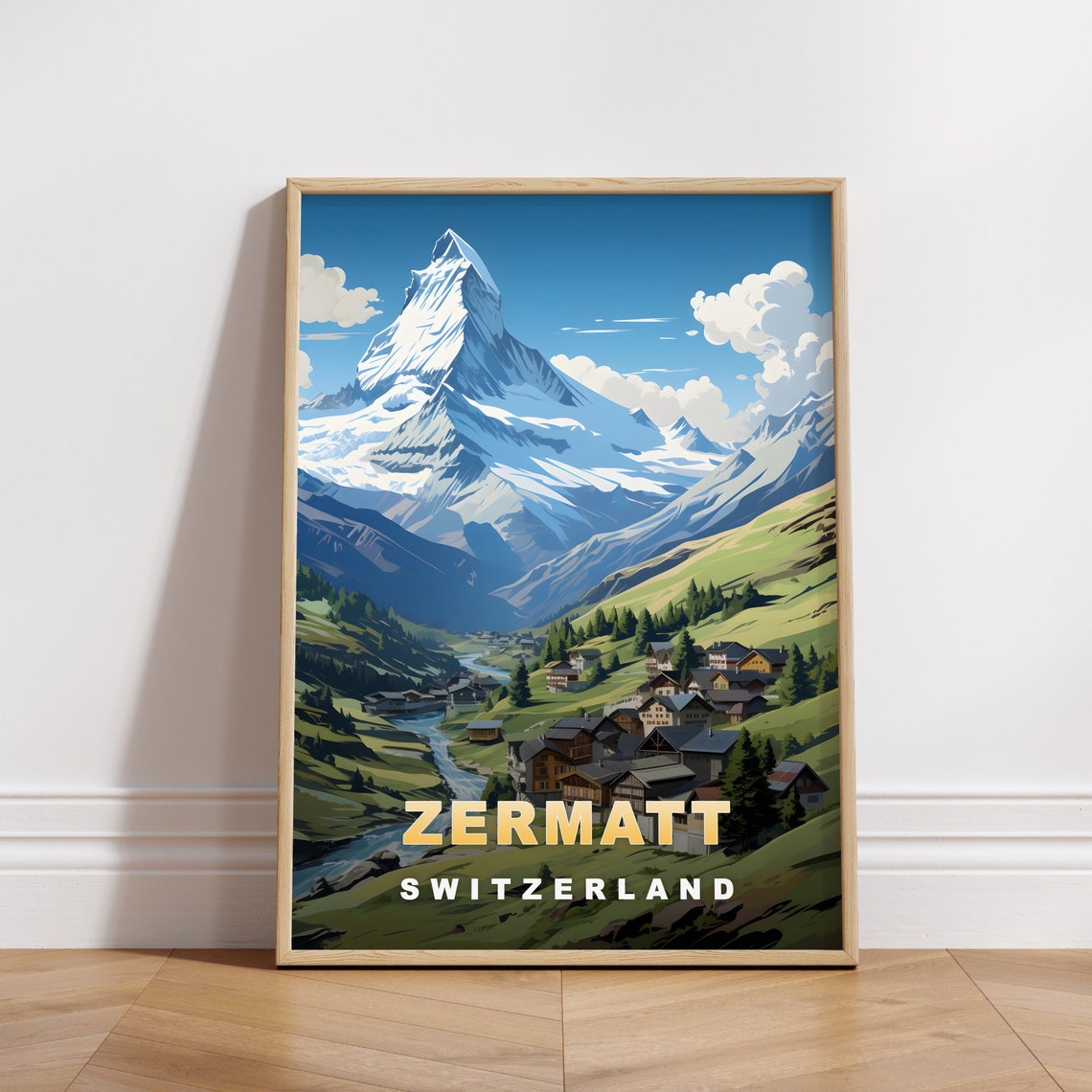 Zermatt Switzerland Matterhorn Village Summer Retro Travel Poster