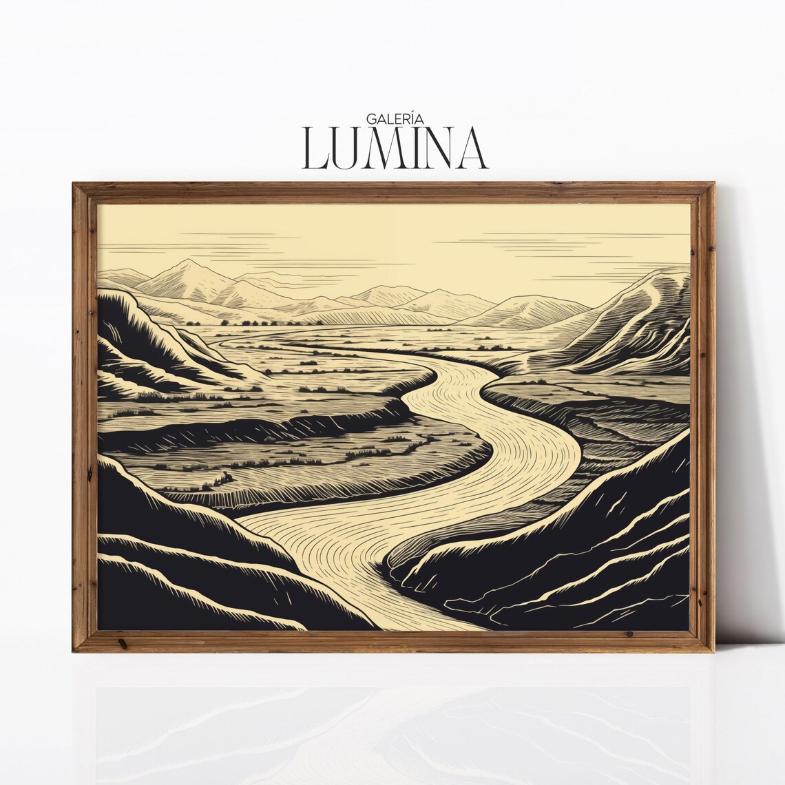 Monochrome Winding River Valley Woodcut Landscape Asian Art Poster