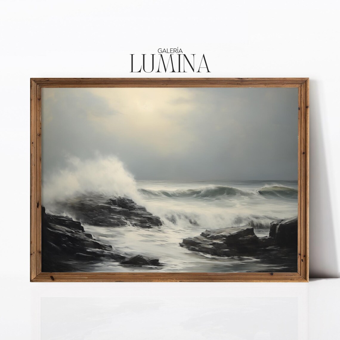 Stormy Sea Waves Crashing Dark Rocks Moody Coastal Art Poster