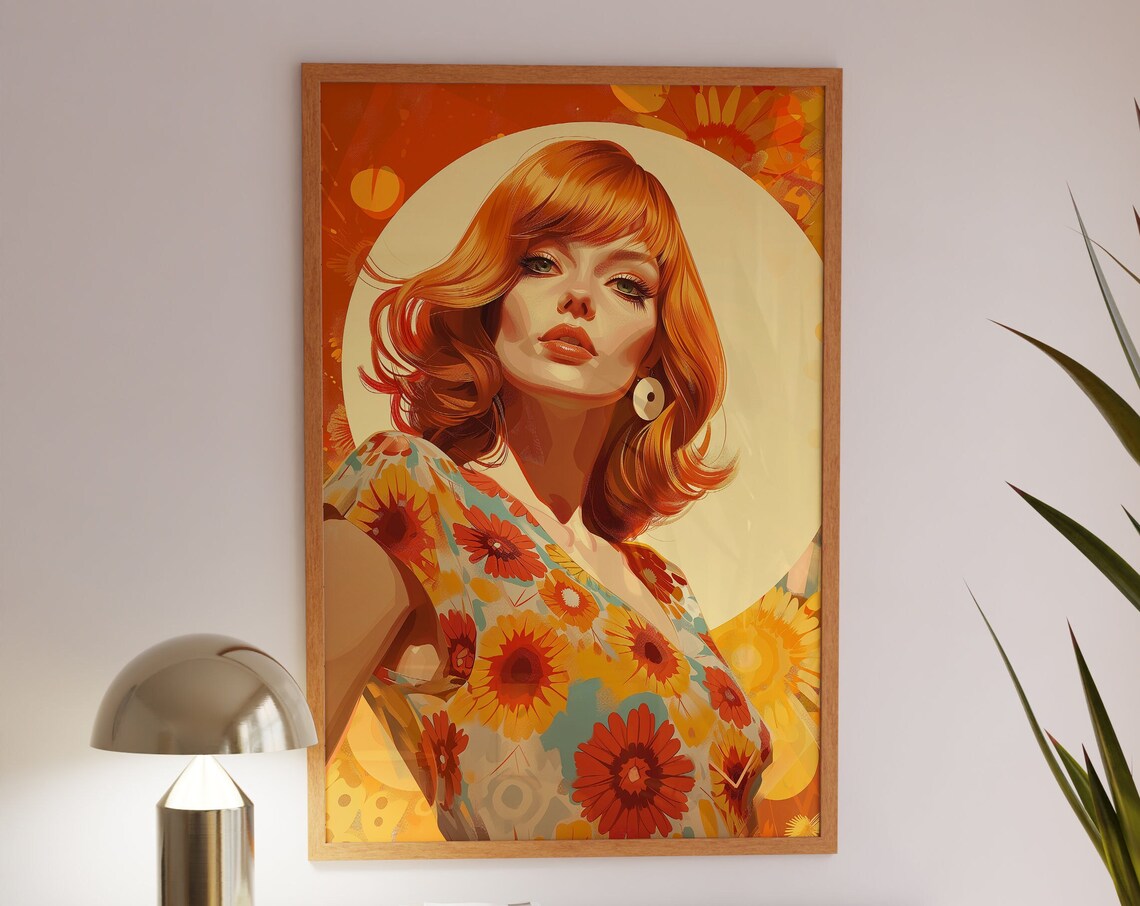 Retro Redhead Woman in Floral Dress 1960s Style Portrait Poster