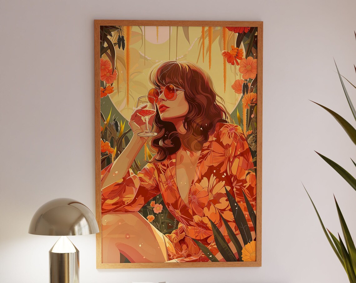 Woman with Wine Glass in Floral Garden Vintage Illustration Poster