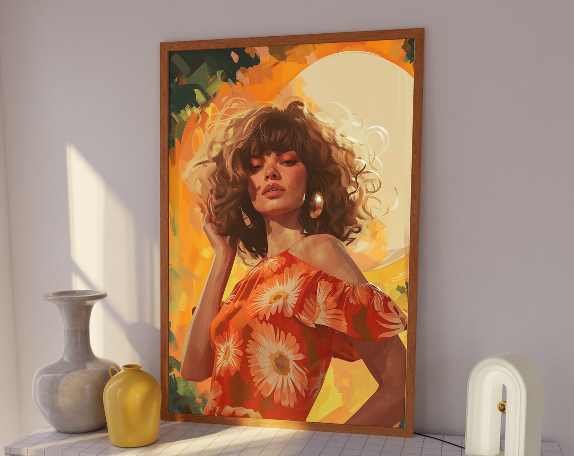 Retro Woman Portrait in Orange Floral Top Sunset Illustration Poster